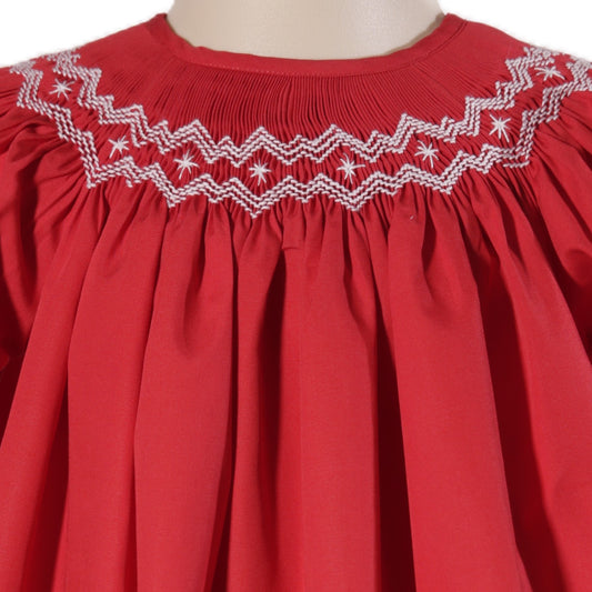 Red Geometric Smocked Long Bishop Sleeve Dress