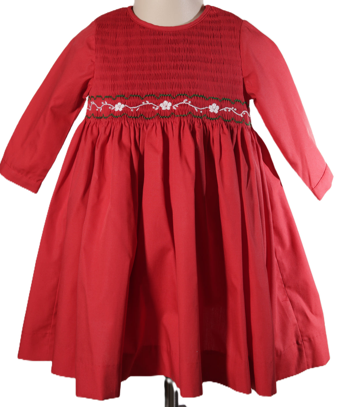 Red Long Sleeve Dress With White and Green Floral Hand-Smocked
