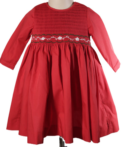 Red Long Sleeve Dress With White and Green Floral Hand-Smocked