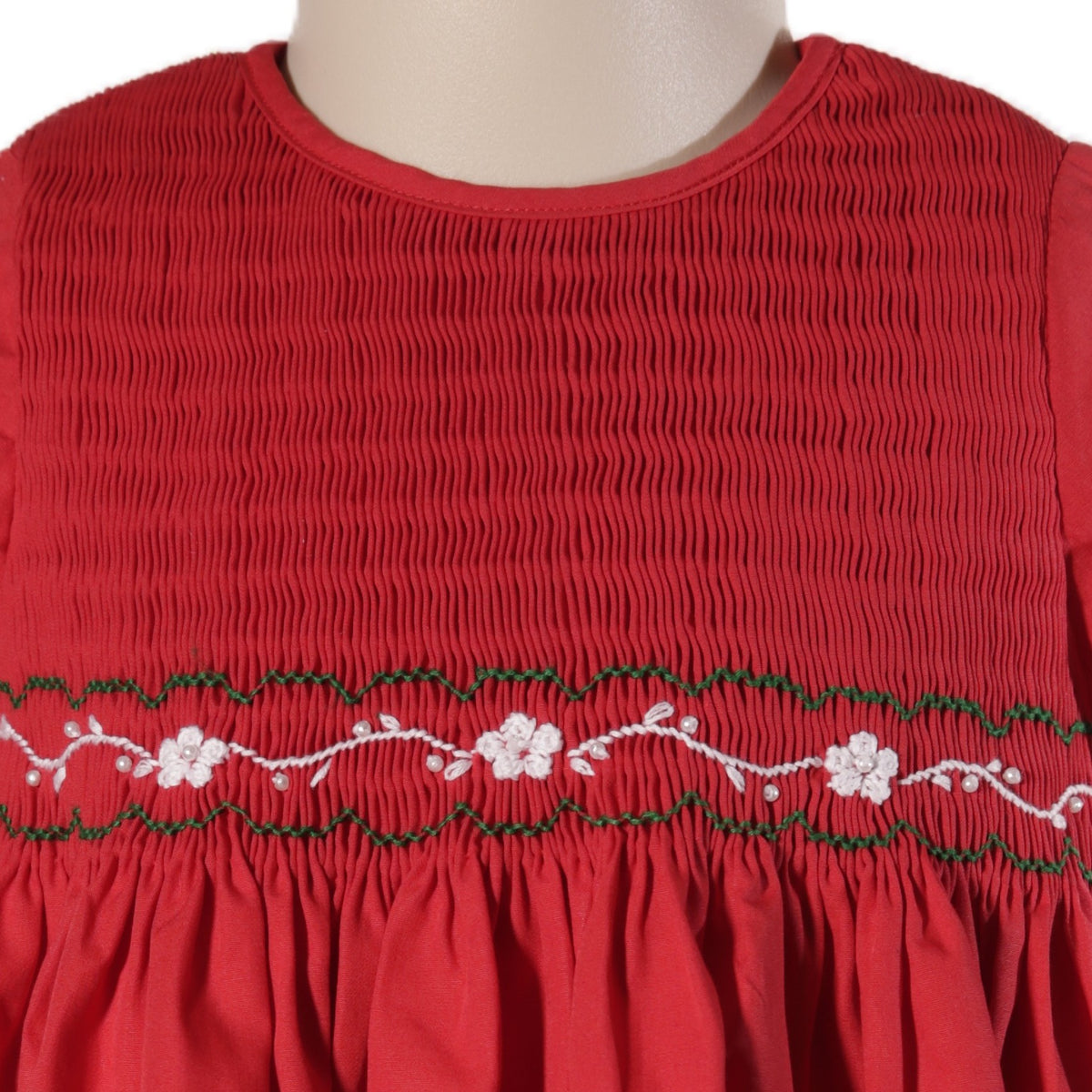 Red Long Sleeve Dress With White and Green Floral Hand-Smocked