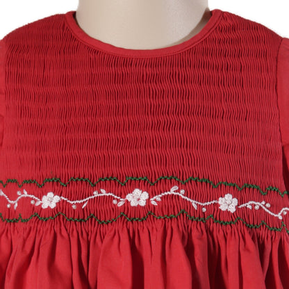 Red Long Sleeve Dress With White and Green Floral Hand-Smocked