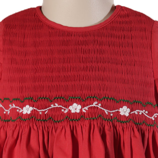 Red Long Sleeve Dress With White and Green Floral Hand-Smocked