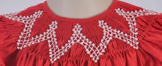 Red Geometrric Smocked with Pearls Short Sleeve Bishop Dress