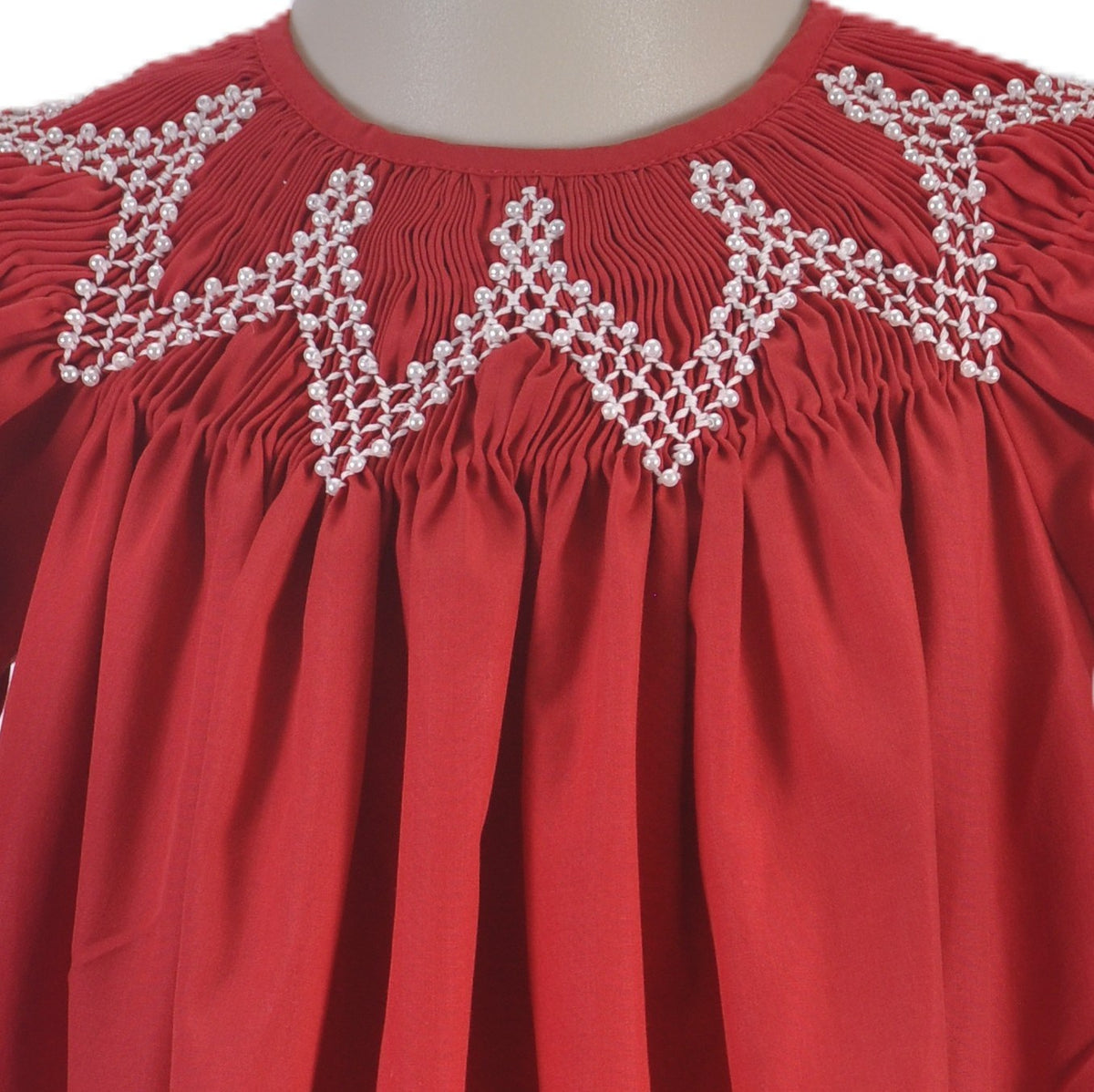 Red Geometrric Smocked with Pearls Short Sleeve Bishop Dress