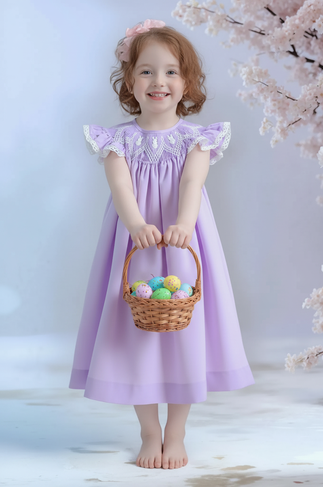 Purple Geometric Smocked Angel Wing Sleeve Bishop Dress featuring 3 Little Bunnies Embroidered