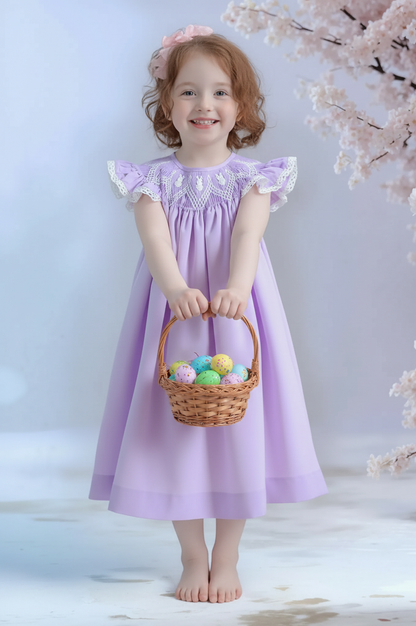 Purple Geometric Smocked Angel Wing Sleeve Bishop Dress featuring 3 Little Bunnies Embroidered