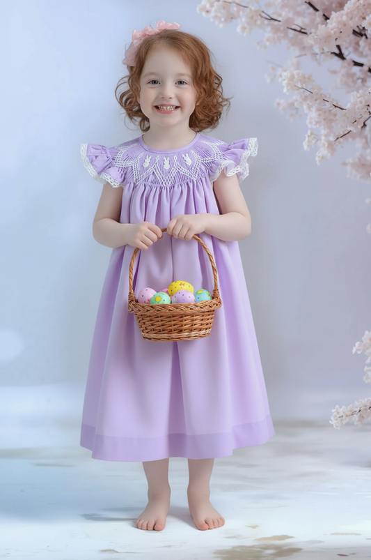 Purple Geometric Smocked Angel Wing Sleeve Bishop Dress featuring 3 Little Bunnies Embroidered