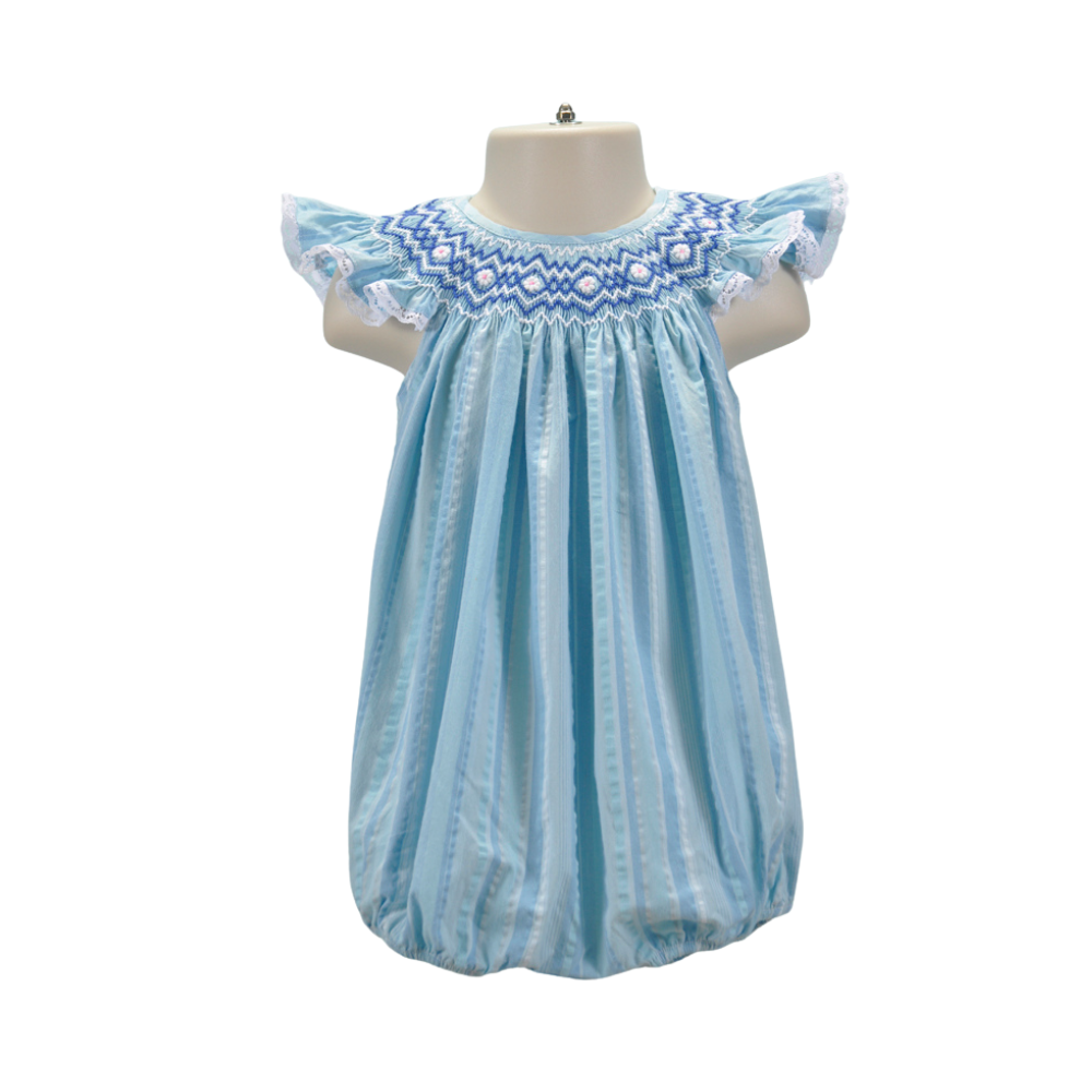 Blue Seersucker Geometric Smocked with Daisy Embroidery Angel Wing Sleeve Dress