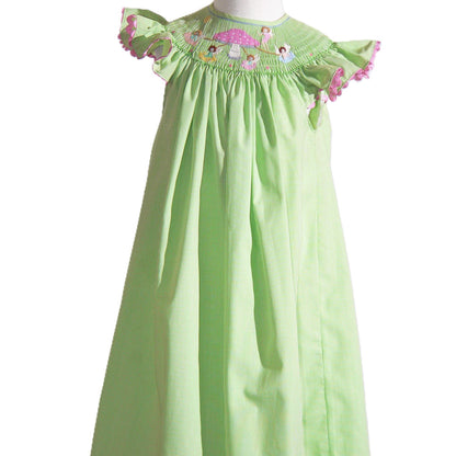 Green Gingham Mushroom Faries Smocked Short Sleeve Bishop Dress