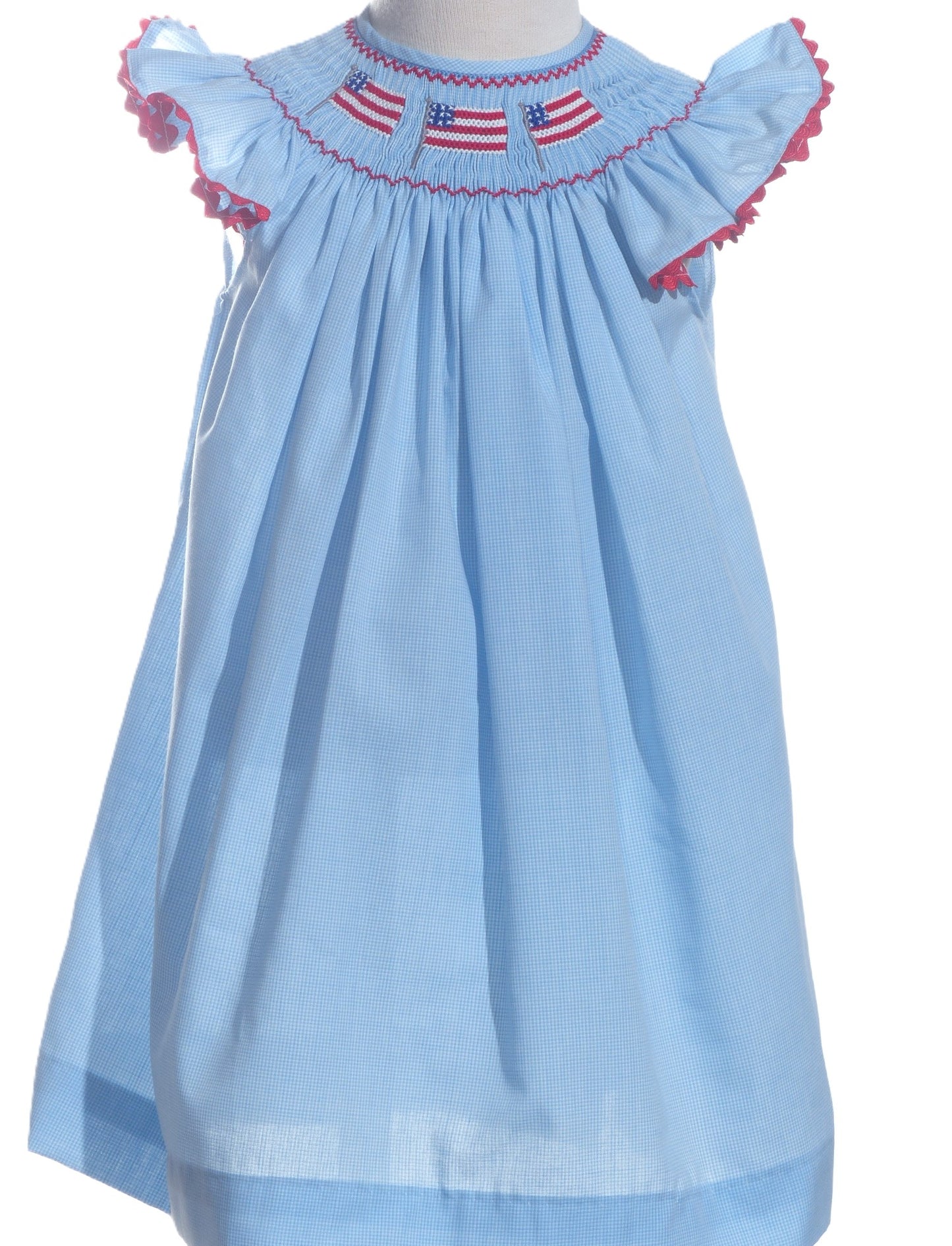 Blue Gingham Flag Angel Wing Sleeve Bishop Dress