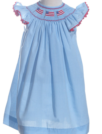 Blue Gingham Flag Angel Wing Sleeve Bishop Dress