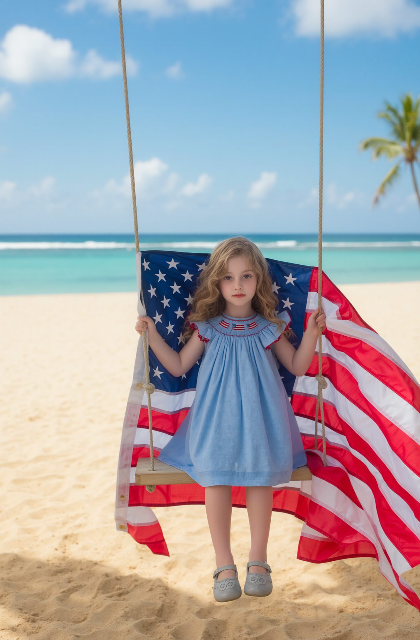 Blue Gingham Flag Angel Wing Sleeve Bishop Dress