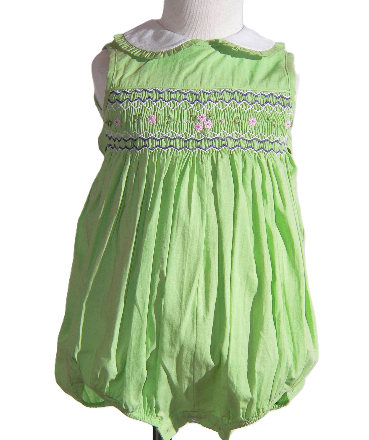 Green Geo Smocked With Flowers Sleeveless Bubble