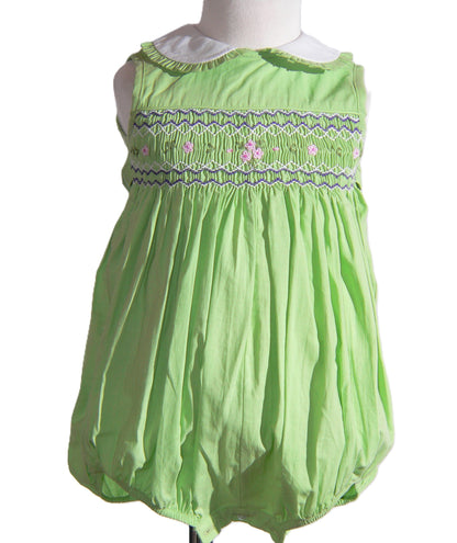Green Geo Smocked With Flowers Sleeveless Bubble