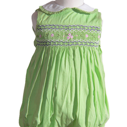 Green Geo Smocked With Flowers Sleeveless Bubble