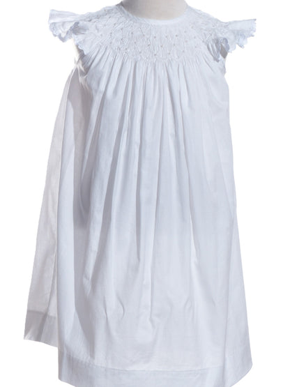 White Geometric Smocked with Pearl Angle Wing Sleeve Dress