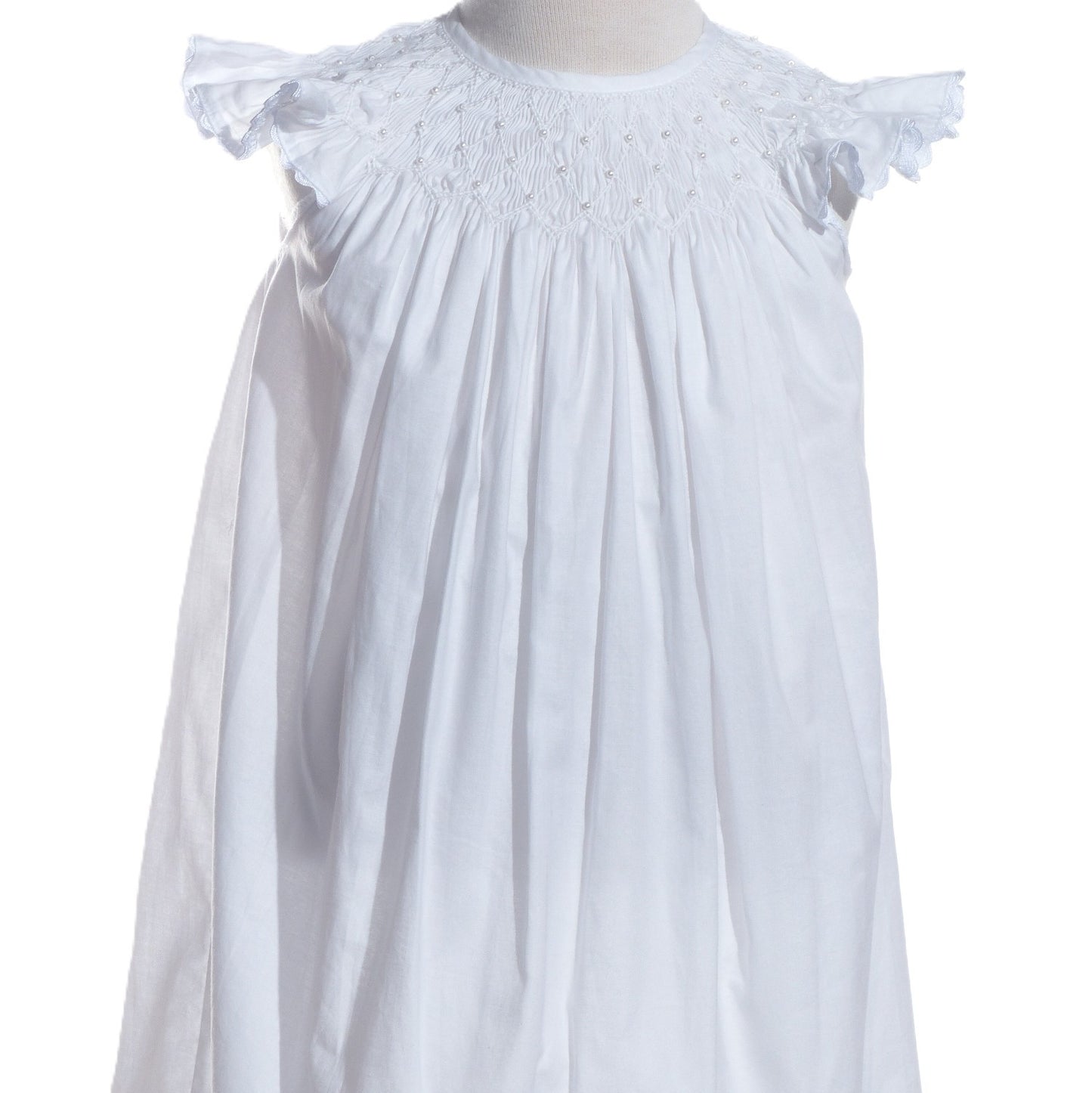 White Geometric Smocked with Pearl Angle Wing Sleeve Dress