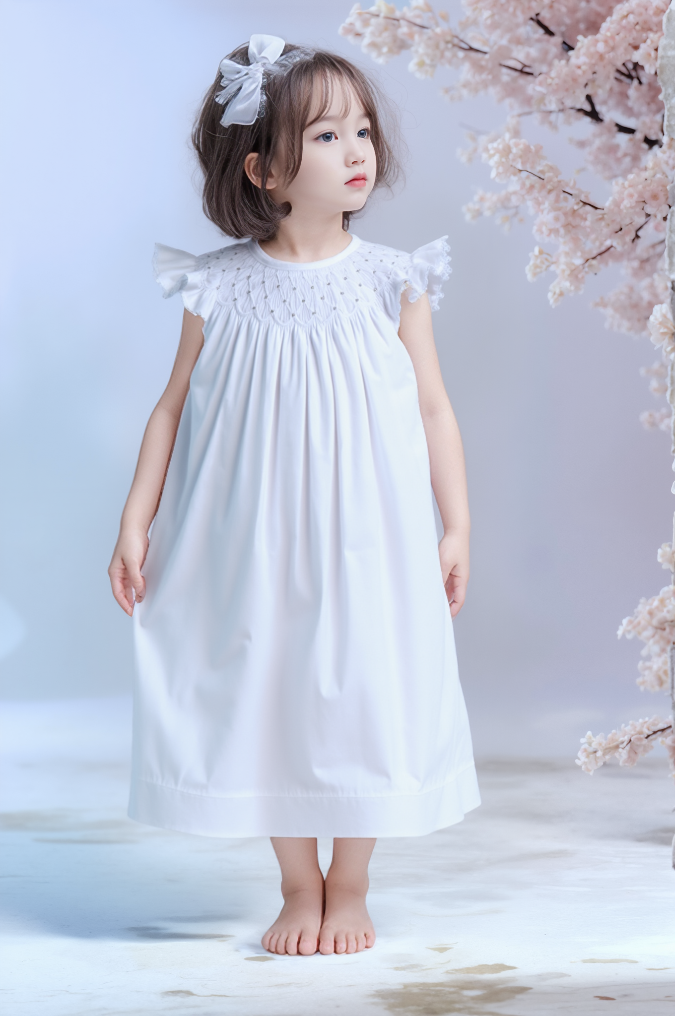 White Geometric Smocked with Pearl Angle Wing Sleeve Dress