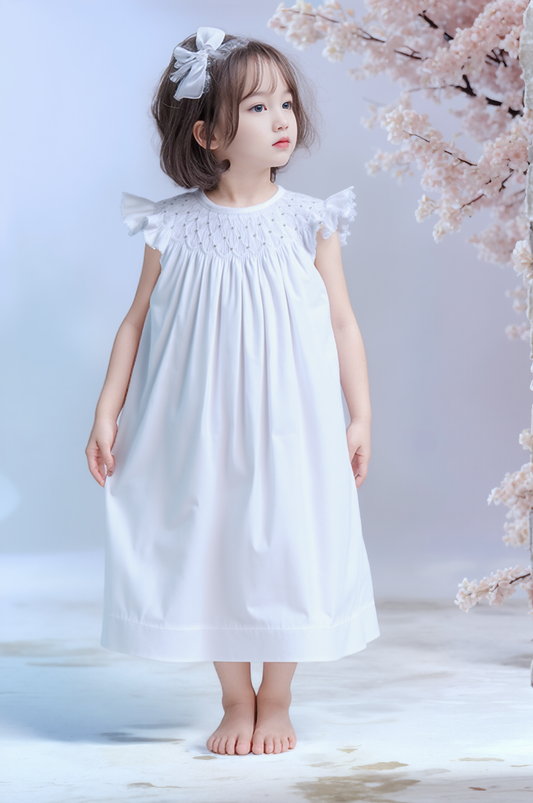 White Geometric Smocked with Pearl Angle Wing Sleeve Dress
