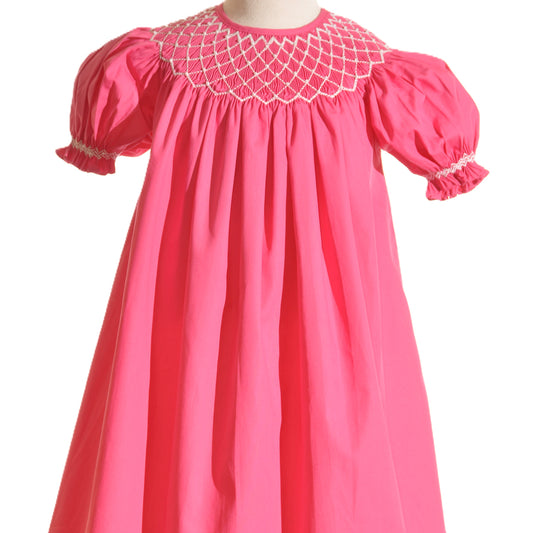 Hot Pink Geometric Smocked With Pearls Short Sleeve Bishop Dress