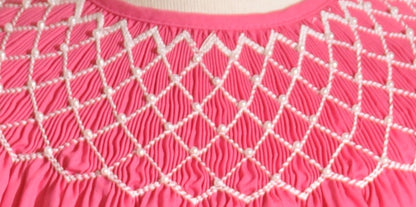 Hot Pink Geometric Smocked With Pearls Short Sleeve Bishop Dress