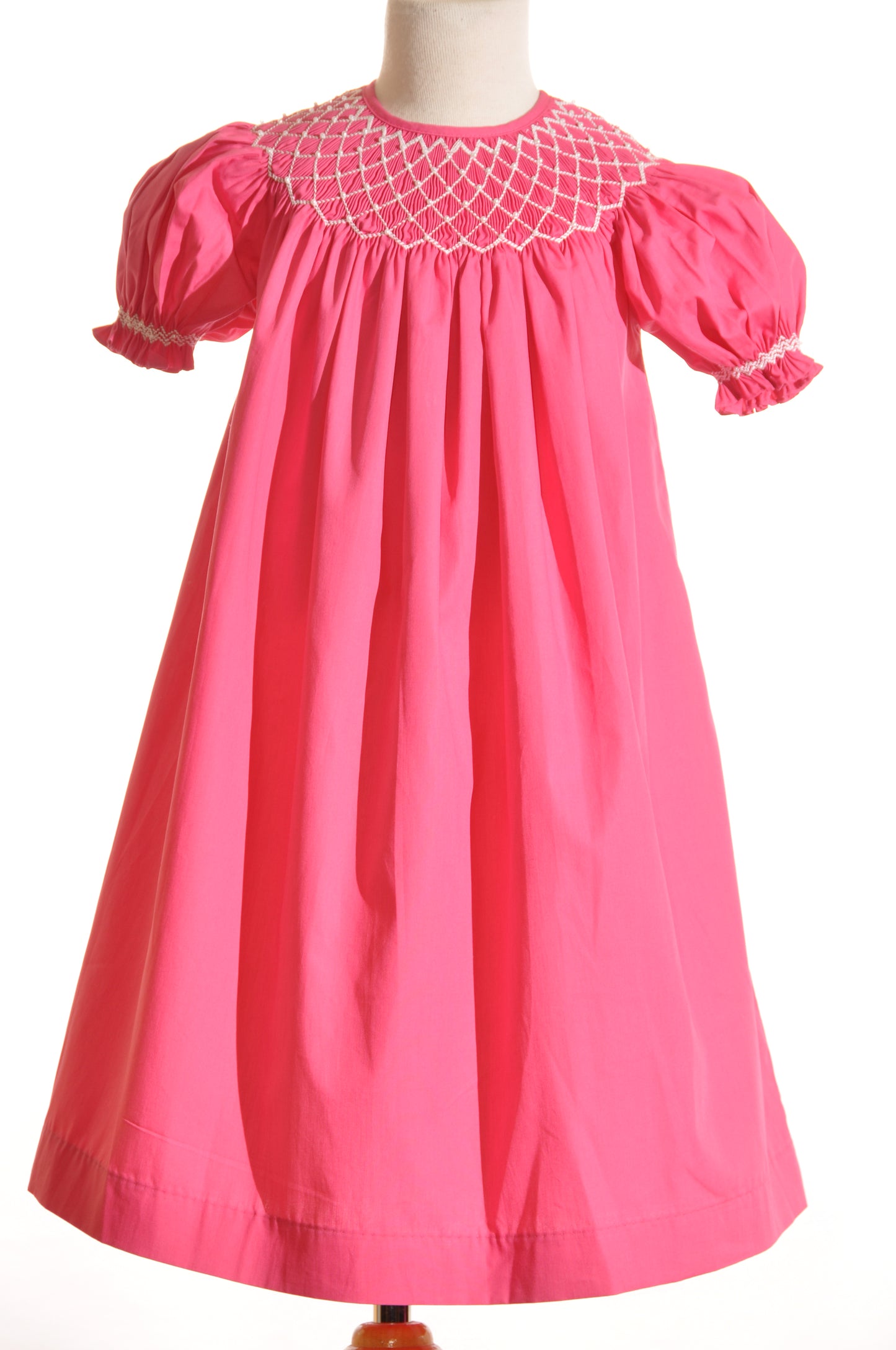 Hot Pink Geometric Smocked With Pearls Short Sleeve Bishop Dress