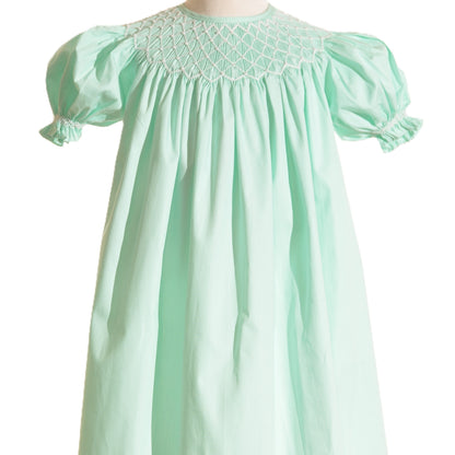 Turquoise Geo Smocked With Pearls Short Sleeve Bishop Dress