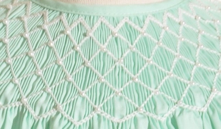 Turquoise Geo Smocked With Pearls Short Sleeve Bishop Dress