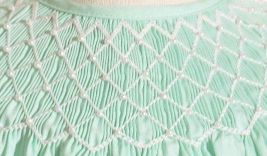 Turquoise Geo Smocked With Pearls Short Sleeve Bishop Dress