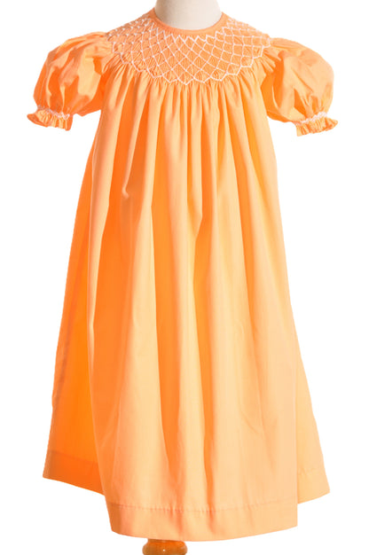 Orange Geometric Smocked With Pearls Short Sleeve Bishop Dress