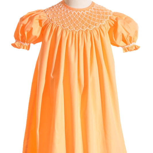 Orange Geometric Smocked With Pearls Short Sleeve Bishop Dress