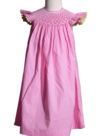 Pink Geometric Smocked With Pearls Angel Wing Sleeve Dress