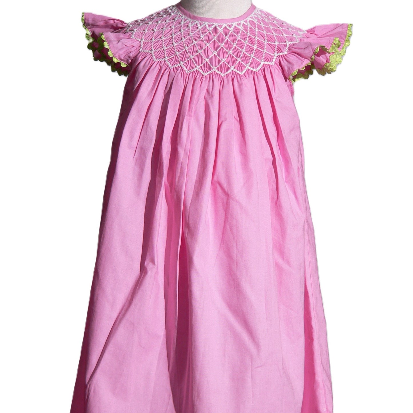 Pink Geometric Smocked With Pearls Angel Wing Sleeve Dress