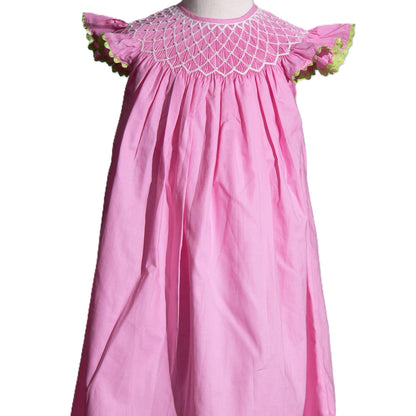 Pink Geometric Smocked With Pearls Angel Wing Sleeve Dress