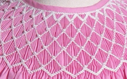 Pink Geometric Smocked With Pearls Short Bishop Sleeve Dress