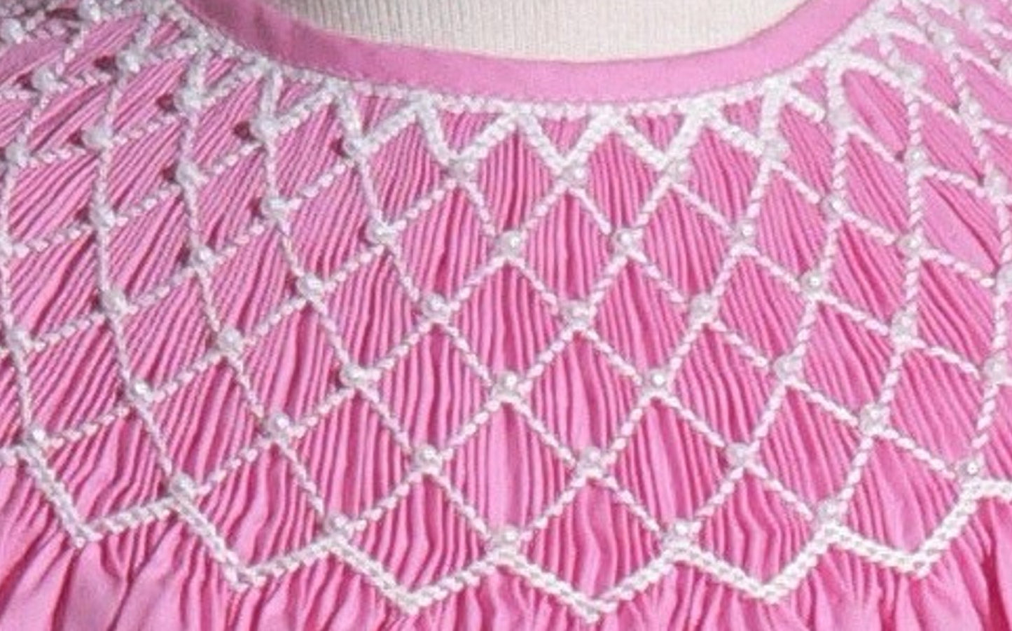 Pink Geometric Smocked With Pearls Angel Wing Sleeve Dress