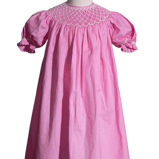 Pink Geometric Smocked With Pearls Short Bishop Sleeve Dress