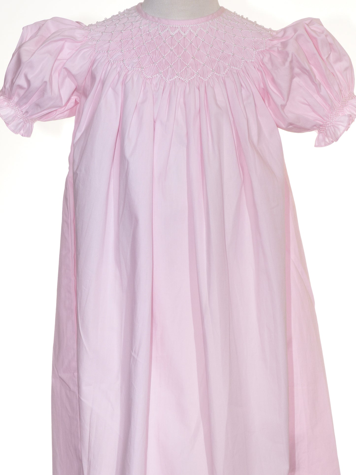 Light Pink Geometric Smocked with Pearl Short Bishop Sleeve Dress