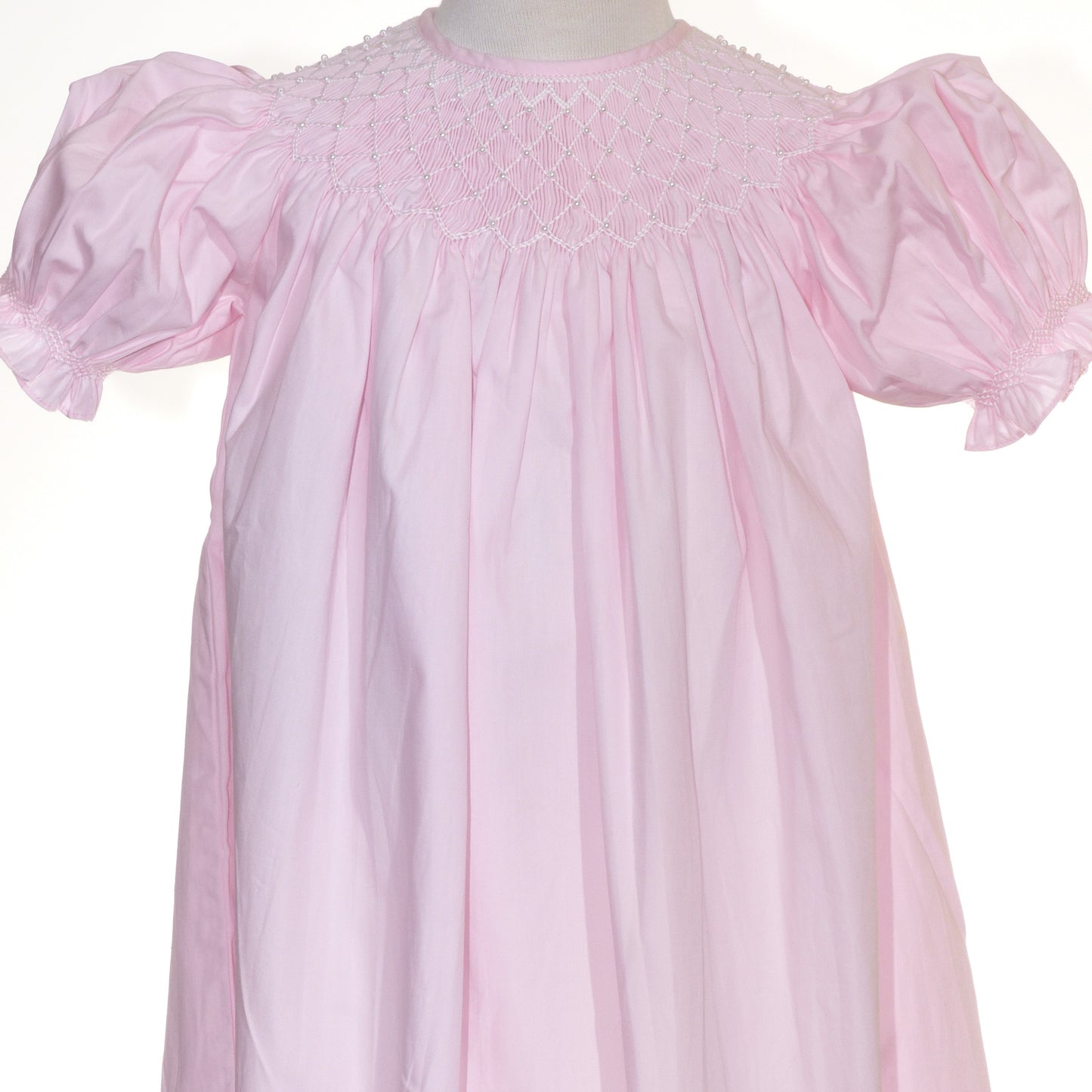 Light Pink Geometric Smocked with Pearl Short Bishop Sleeve Dress