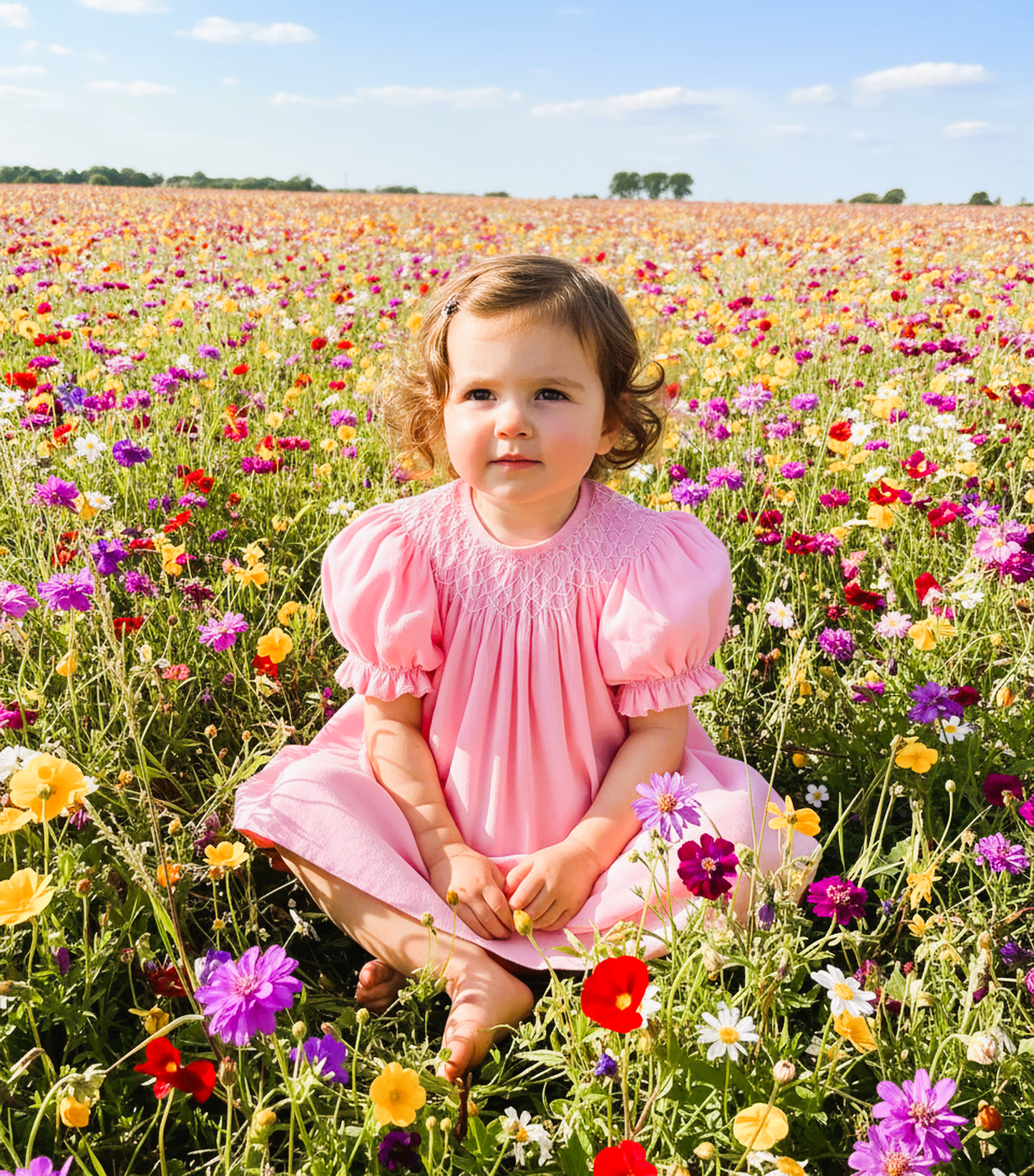 Light Pink Geometric Smocked with Pearl Short Bishop Sleeve Dress