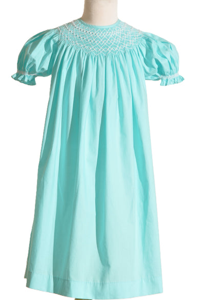 Turquise Geo Smocked With Pearls Short Sleeve Bishop Dress