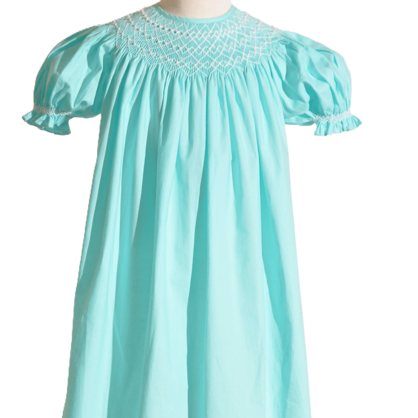 Turquise Geo Smocked With Pearls Short Sleeve Bishop Dress