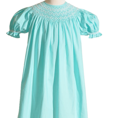 Turquise Geo Smocked With Pearls Short Sleeve Bishop Dress