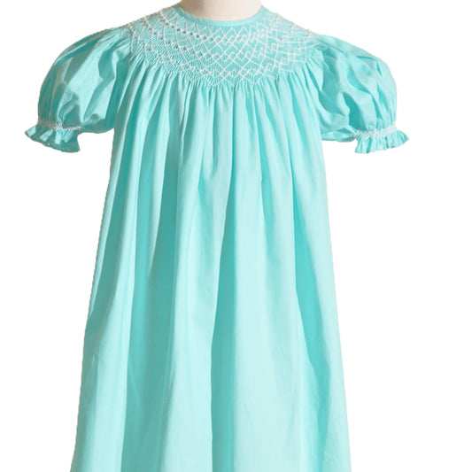 Turquise Geo Smocked With Pearls Short Sleeve Bishop Dress