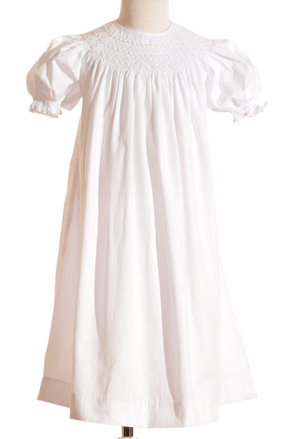 White Geometric Smocked with Pearl Short Bishop Sleeve Dress