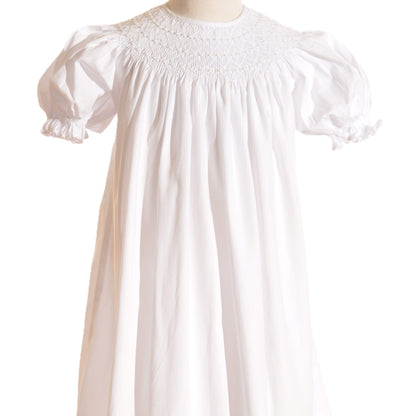 White Geometric Smocked with Pearl Short Bishop Sleeve Dress