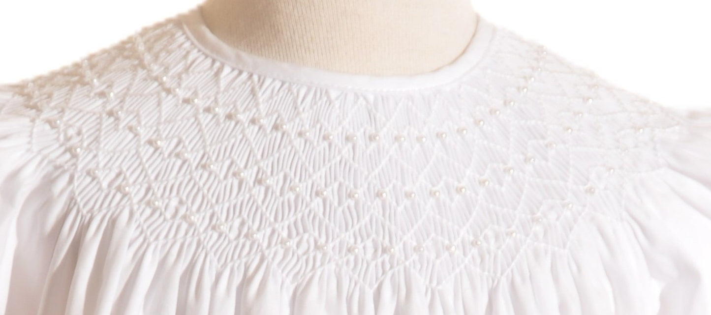 White Geometric Smocked with Pearl Short Bishop Sleeve Dress