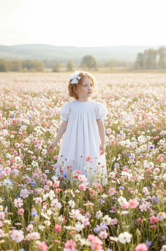 White Geometric Smocked with Pearl Short Bishop Sleeve Dress