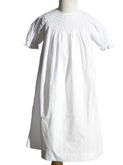 White Geometric Smocked with Pearls Short Bishop Sleeve Dress
