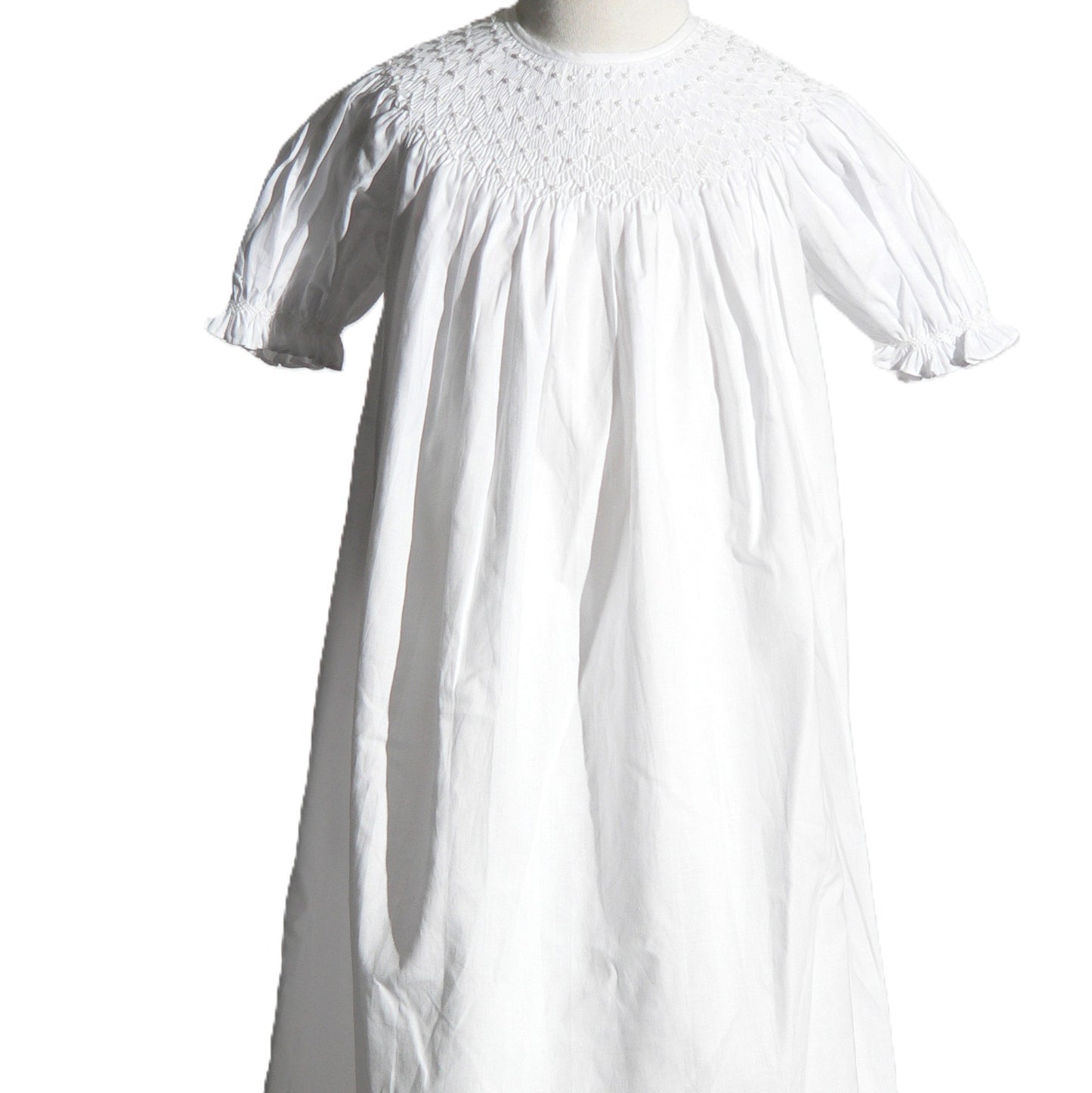 White Geometric Smocked with Pearls Short Bishop Sleeve Dress